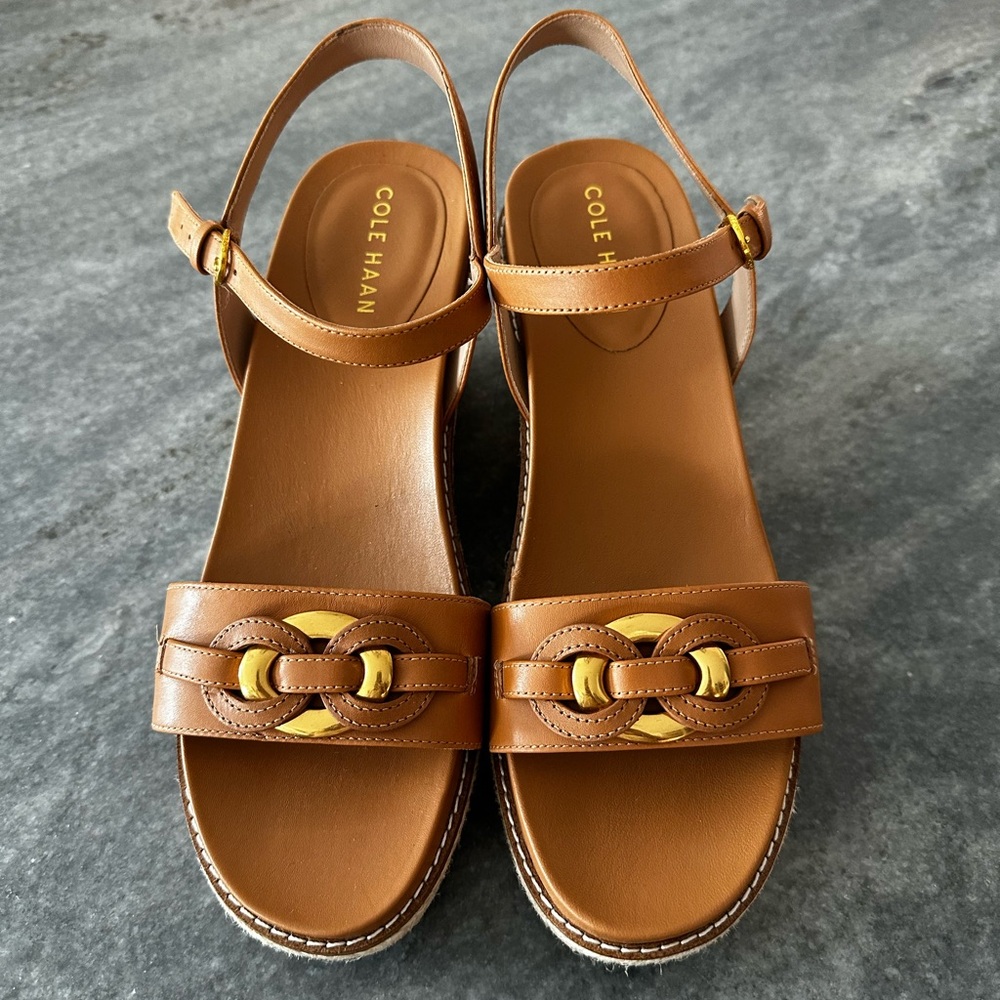 Cole Haan Brown Leather Slingback Sandals with Gold Accents